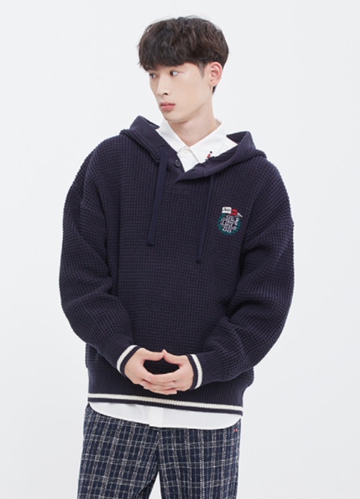 ロマンティッククラウン(ROMANTIC CROWN) BUTTON UP KNIT HOOD_NAVY