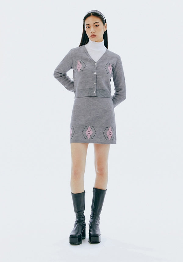 curetty (キュリティー)  C RHINESTONE ARGYLE KNIT CARDIGAN_GREY