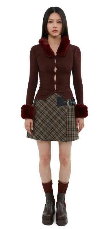 curetty (キュリティー) C FUR TRIMMING KNIT CARDIGAN_BURGUNDY