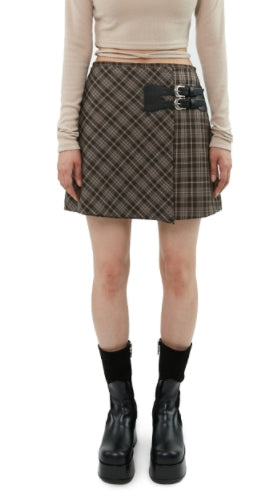 curetty (キュリティー)  C CHECKED BUCKLE WRAP SKIRT_BROWN