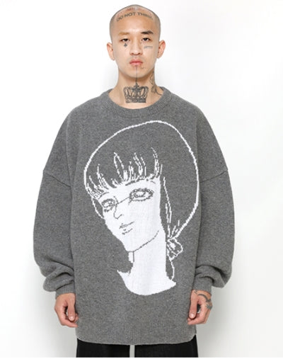 アジョバイアジョ(AJOBYAJO) "Maing" Girl Oversized Wool Knit Sweater [Melange Grey]