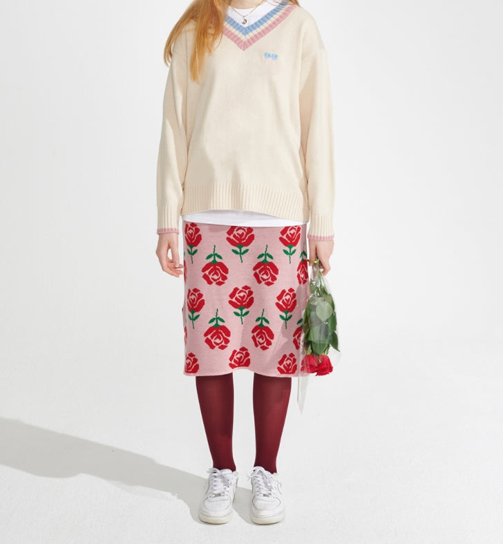 ワンダービジター(WONDER VISITOR)  Rose patern Knit Skirt [Pink]