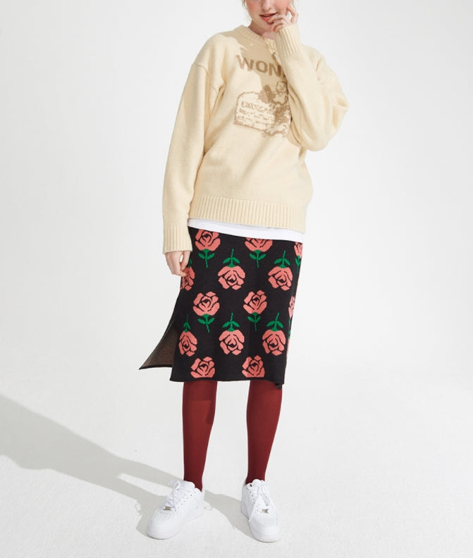 ワンダービジター(WONDER VISITOR)  Rose patern Knit Skirt [Black]