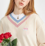 ワンダービジター(WONDER VISITOR)  Logo embroidery v-neck Knit [Ivory]