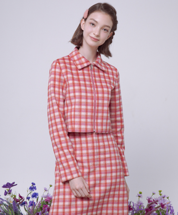 デイライフ(Daylife)  DAYLIFE CHECK CROP JACKET (PINK)