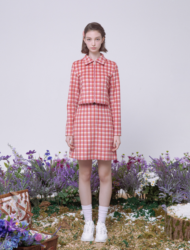 デイライフ(Daylife)  DAYLIFE CHECK CROP JACKET (PINK)