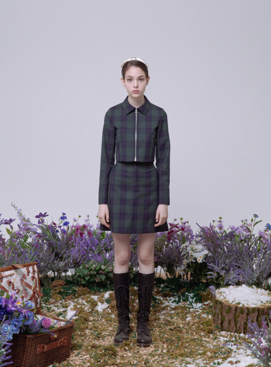 デイライフ(Daylife)  DAYLIFE CHECK CROP JACKET (GREEN)