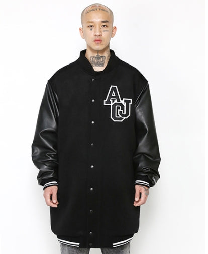 アジョバイアジョ(AJOBYAJO) Oversized Varsity Stadium Jacket_Long [Black]
