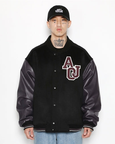 アジョバイアジョ(AJOBYAJO) Oversized Varsity Stadium Jacket [Black]