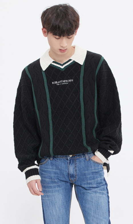 ロマンティッククラウン(ROMANTIC CROWN)  COLLAR WAFFLE KNIT_BLACK