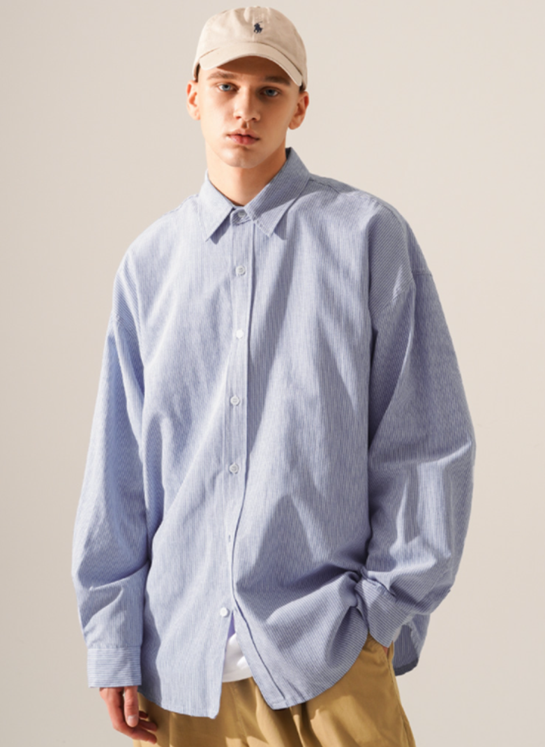 ティーダブリューエヌ(TWN) Oxford Overfit Stripe Shirt Navy SHLS3396
