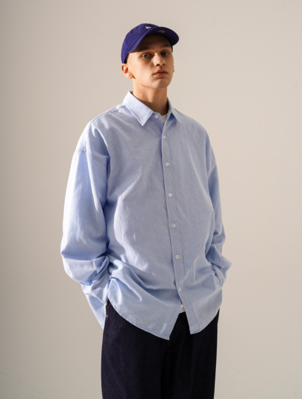 ティーダブリューエヌ(TWN) Oxford Overfit Stripe Shirt Blue SHLS3396
