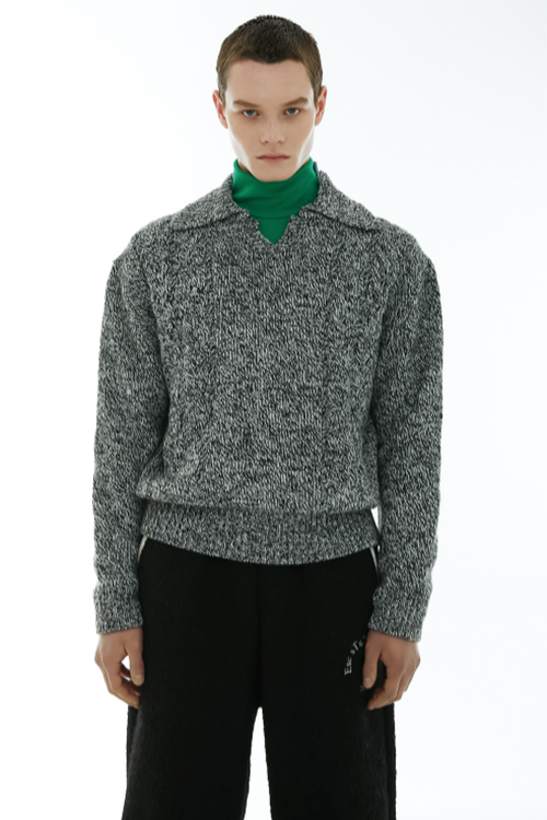 イーエスシースタジオ(ESC STUDIO) open collar mix knit (black)