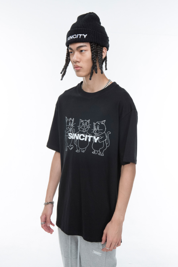 SINCITY (シンシティ) LINE CAT LOGO T-SHIRT BLACK