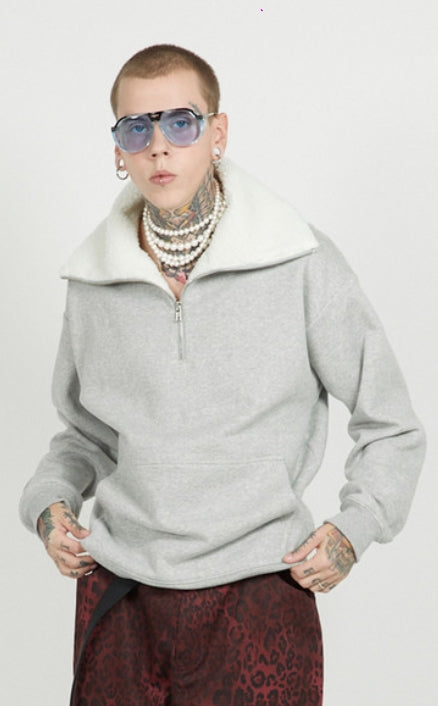 FM91.02 (エフエム91.02) FLEECE COLLAR HALF ZIP CREW_GREY