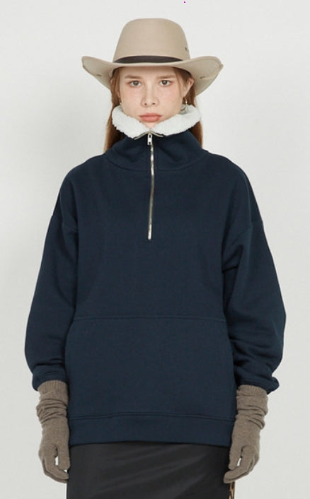 FM91.02 (エフエム91.02) FLEECE COLLAR HALF ZIP CREW_NAVY