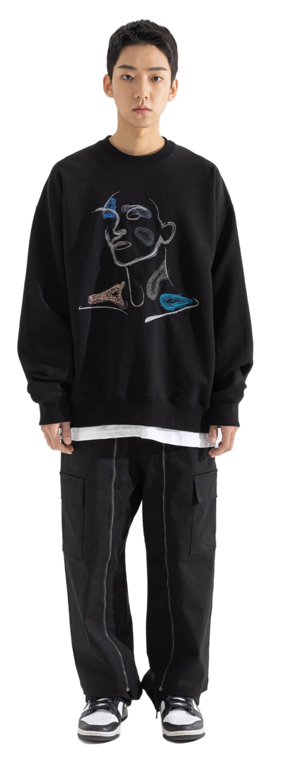 マスノウン(MASSNOUN) ETHNIC RUNNING STITCH SWEATSHIRT MFOCR002-BK