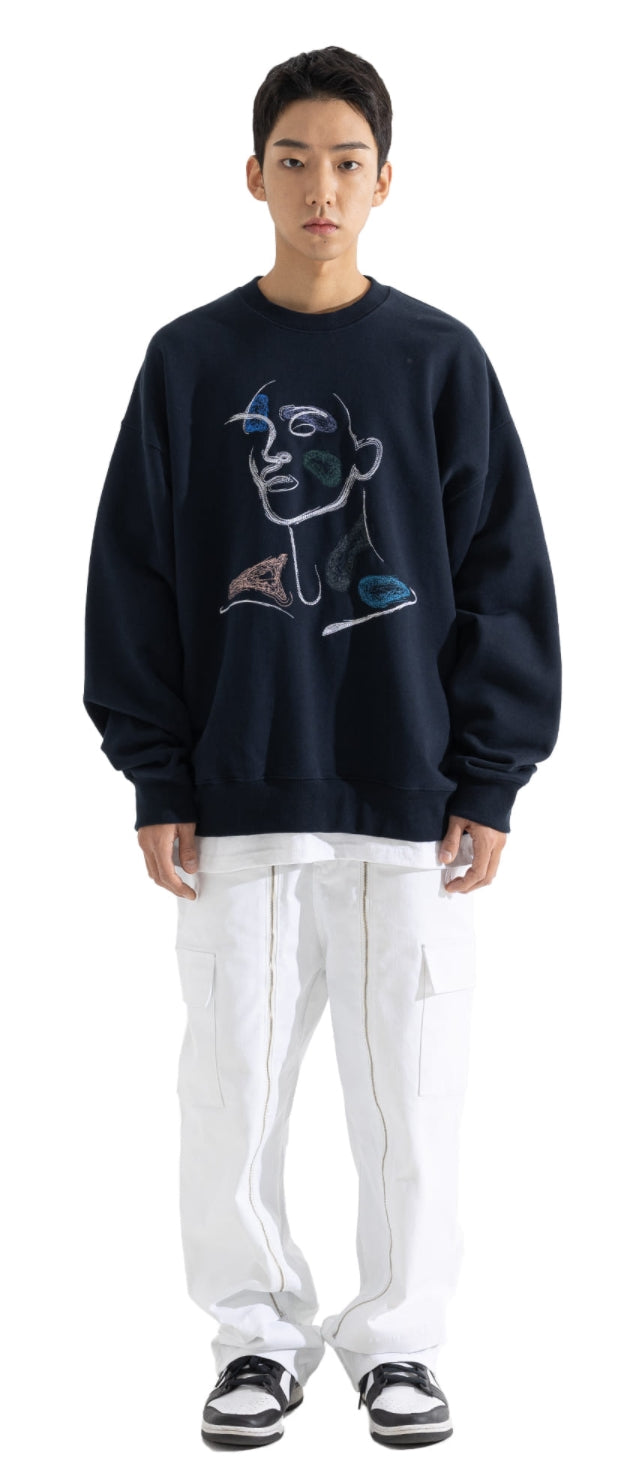 マスノウン(MASSNOUN) ETHNIC RUNNING STITCH SWEATSHIRT MFOCR002-NV