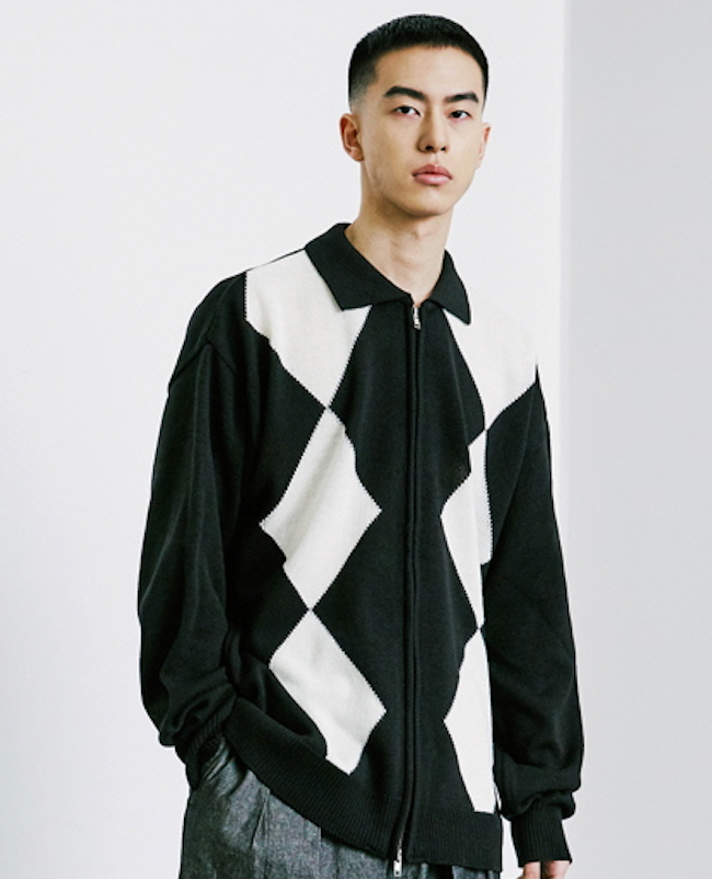 KND(ケイエンド)ARGYLE 2WAY ZIP UP POLO GARDIGAN BLACK