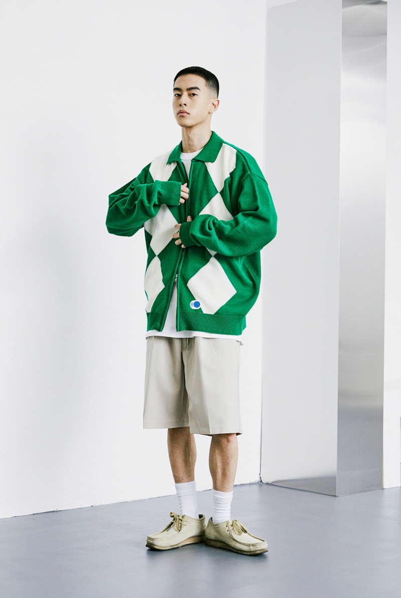 KND(ケイエンド)ARGYLE 2WAY ZIP UP POLO GARDIGAN GREEN