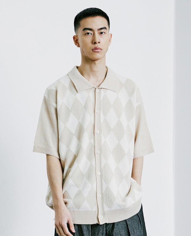 KND(ケイエンド) CHECKER BOARD COLLAR KNIT CARDIGAN BEIGE