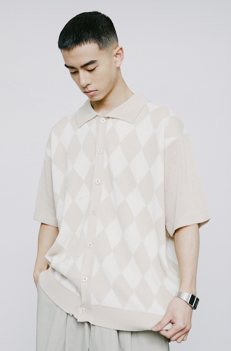 KND(ケイエンド) CHECKER BOARD COLLAR KNIT CARDIGAN BEIGE