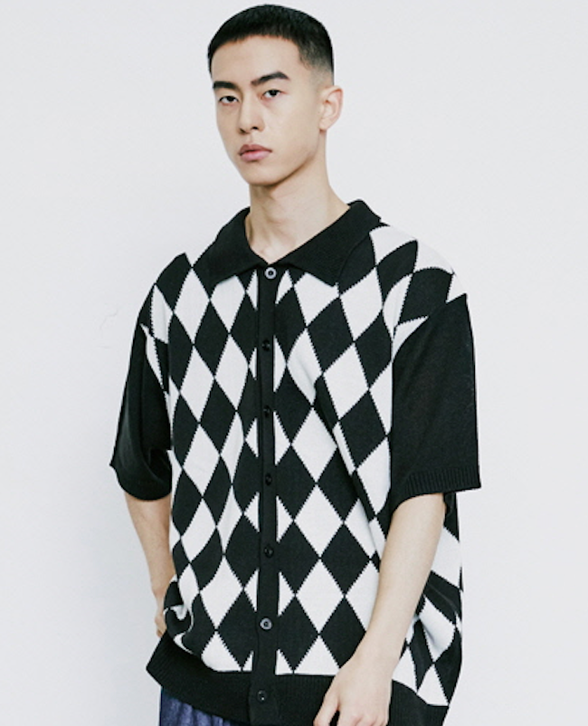 KND(ケイエンド) CHECKER BOARD COLLAR KNIT CARDIGAN BLACK