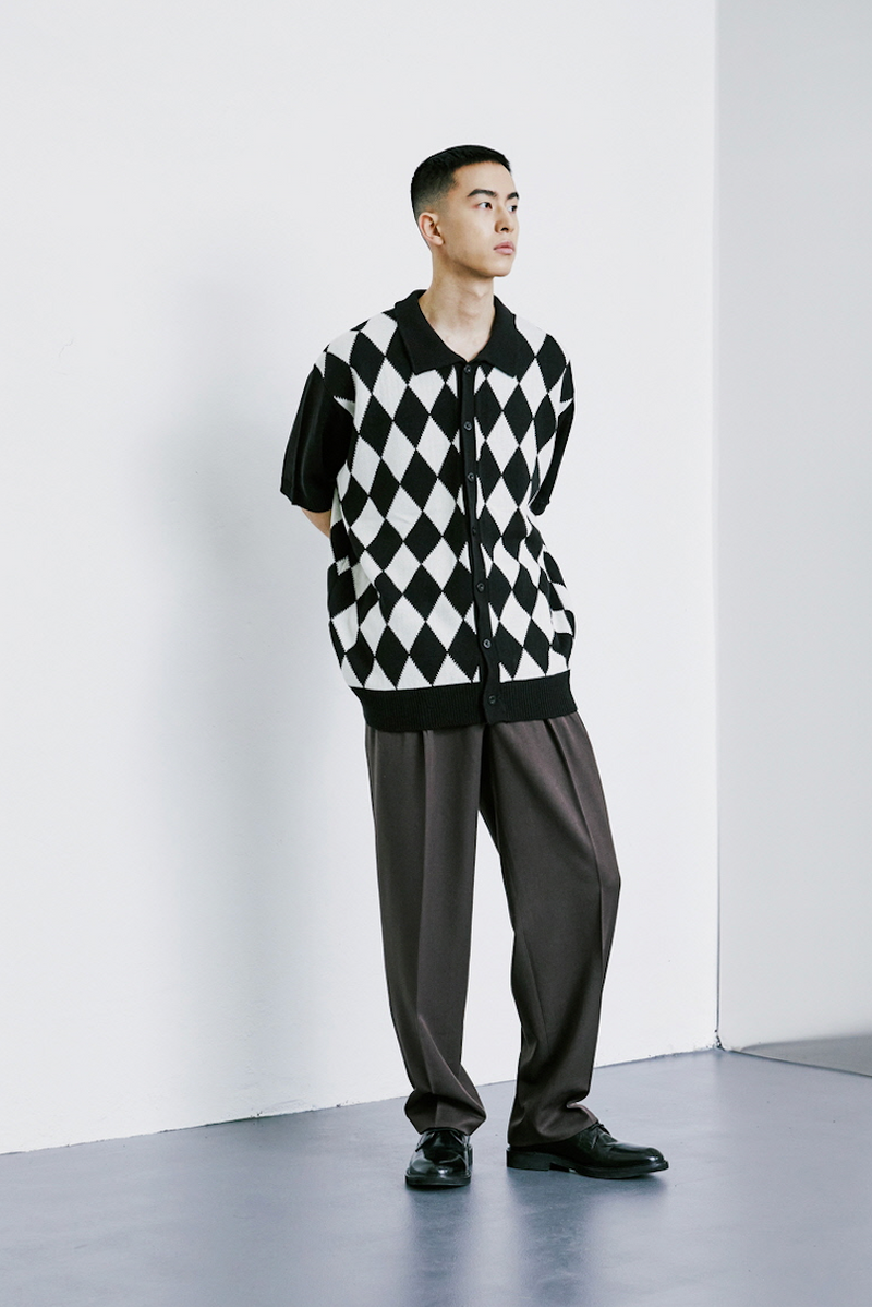 KND(ケイエンド) CHECKER BOARD COLLAR KNIT CARDIGAN BLACK