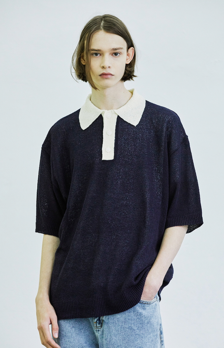 KND(ケイエンド) BOUCLE SUNDAISY COLLAR HALF KNIT NAVY