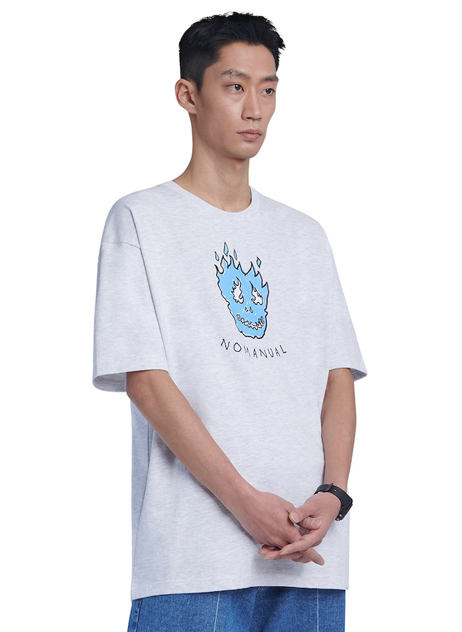 NOMANUAL(ノーマニュアル) FLAME MONSTER T-SHIRT - WHITE MELANGE