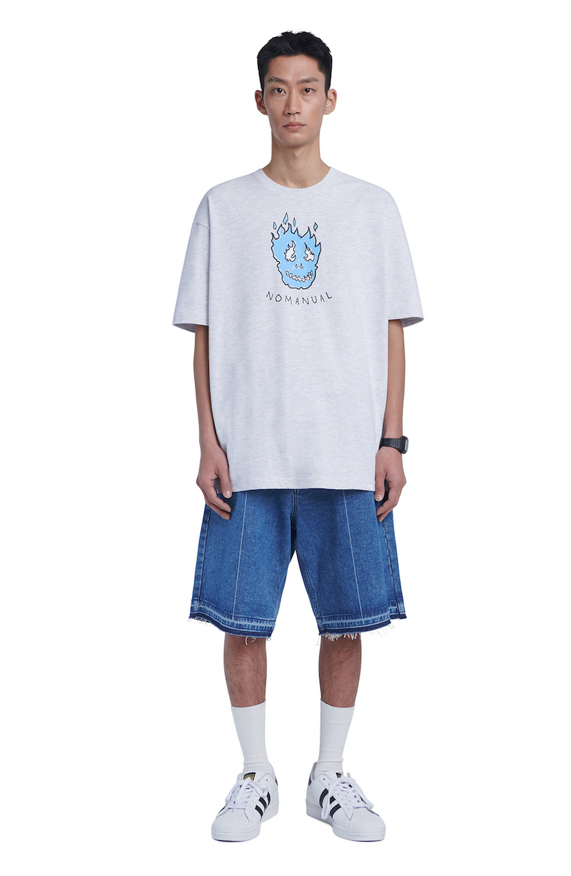 NOMANUAL(ノーマニュアル) FLAME MONSTER T-SHIRT - WHITE MELANGE