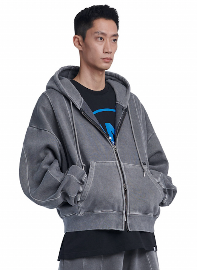 NOMANUAL(ノーマニュアル) CURVE LINE HOODED ZIP UP - CHARCOAL