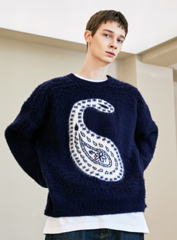 KND(ケイエンド) BULKY BRUSH REVERSIBLE PAISLEY SWEATER NAVY