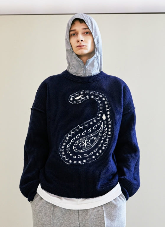 KND(ケイエンド) BULKY BRUSH REVERSIBLE PAISLEY SWEATER NAVY