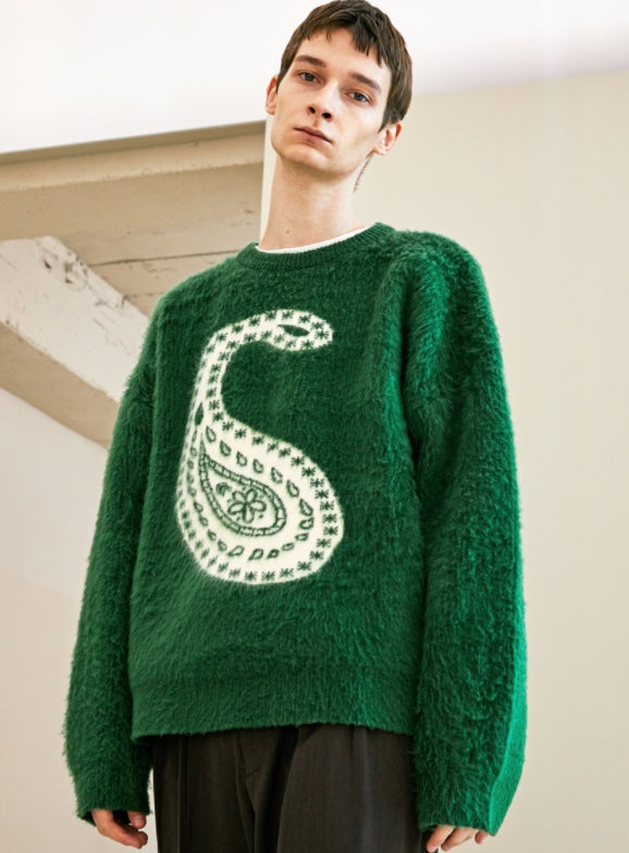 KND(ケイエンド) BULKY BRUSH REVERSIBLE PAISLEY SWEATER GREEN