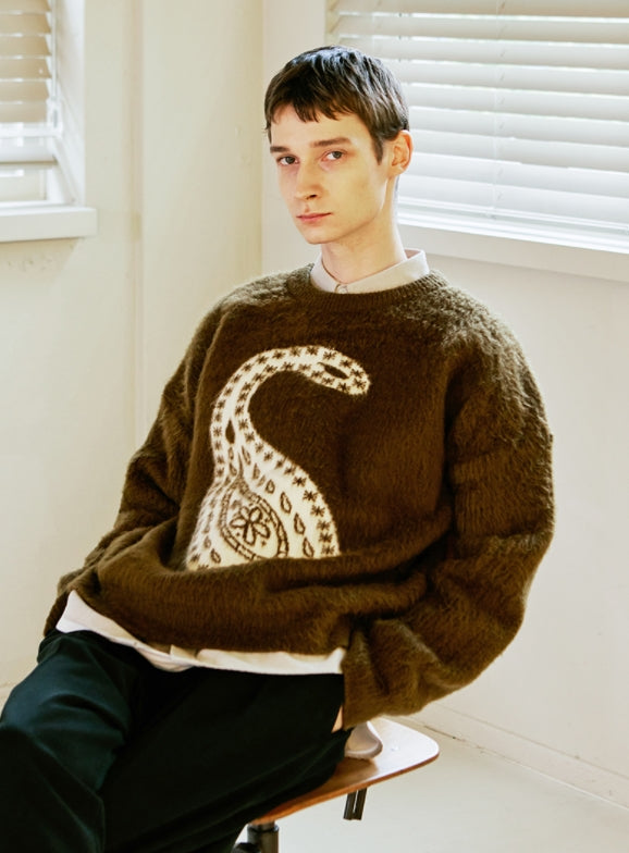 KND(ケイエンド)  BULKY BRUSH REVERSIBLE PAISLEY SWEATER BROWN