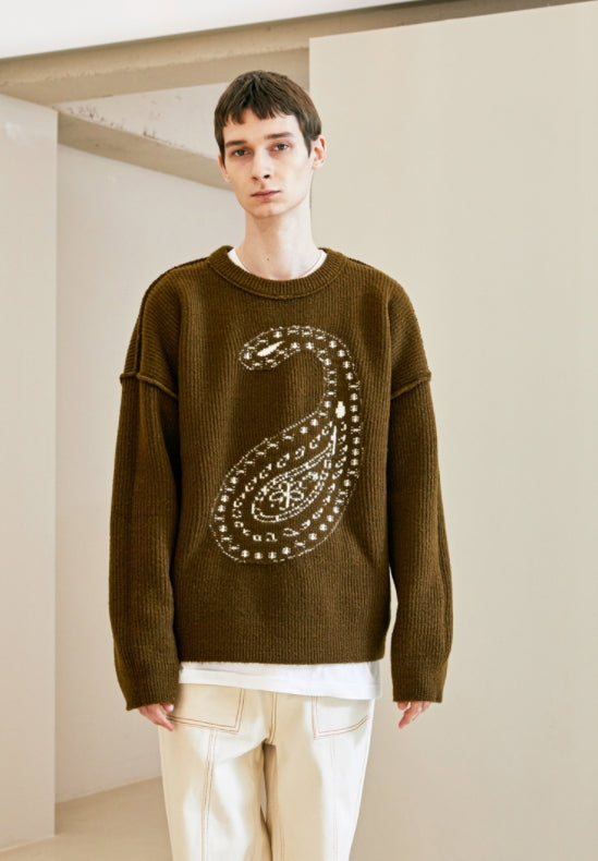 KND(ケイエンド)  BULKY BRUSH REVERSIBLE PAISLEY SWEATER BROWN