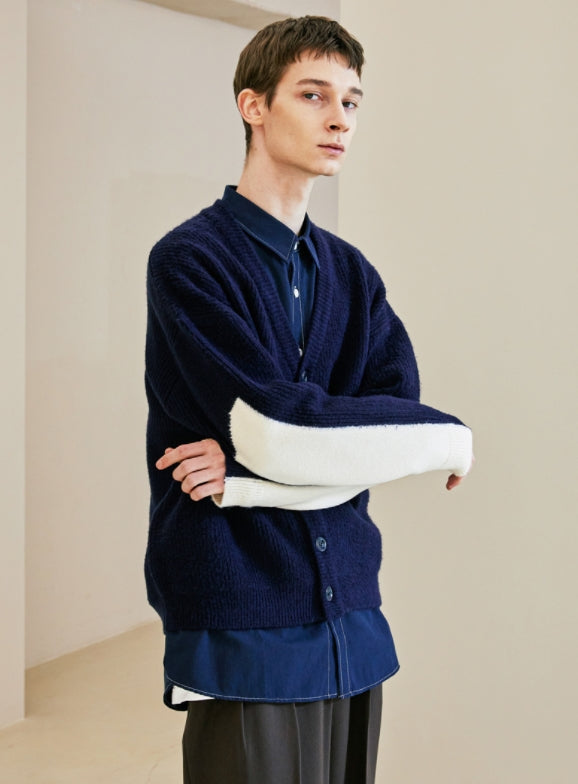 KND(ケイエンド)  ELBOW SECTION HEAVY CARDIGAN NAVY