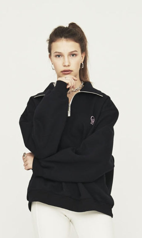 ORDINARY PEOPLE(オーディナリーピープル) HALF ZIP ORD LOGO BLACK CREWNECK