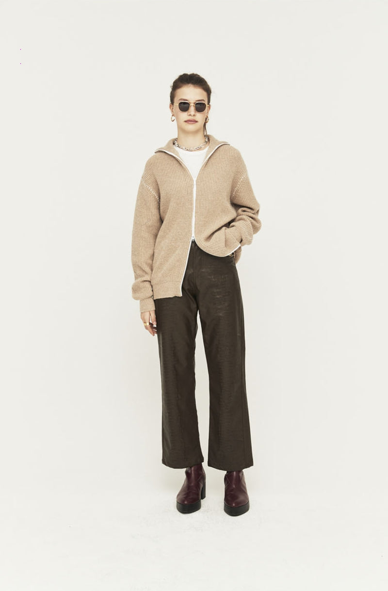 ORDINARY PEOPLE(オーディナリーピープル) WHITE STITCH CASHMERE BROWN ZIP UP KNIT