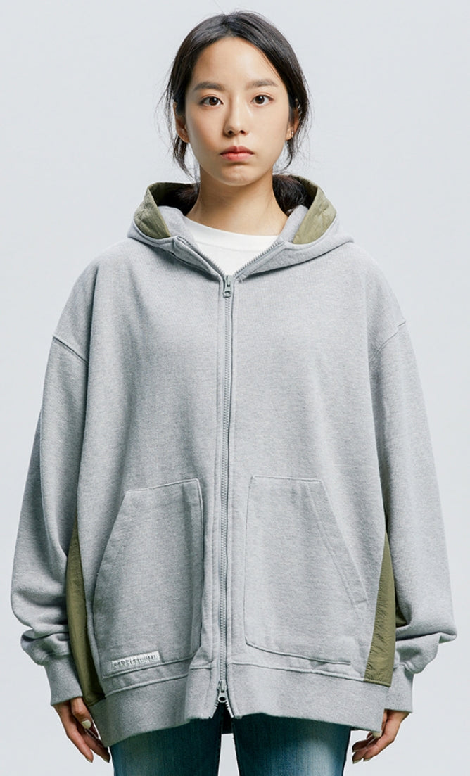 QUIETIST (クワイエティスト) Fabric Mix Hood Zip-up (gray)