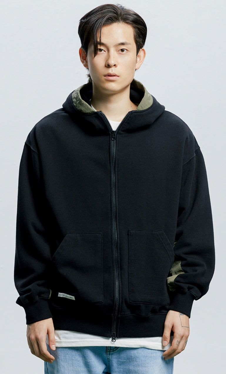 QUIETIST (クワイエティスト)  Fabric Mix Hood Zip-up (black)