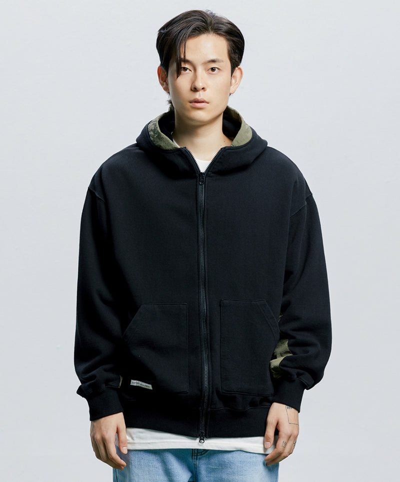 QUIETIST (クワイエティスト)  Fabric Mix Hood Zip-up (black)