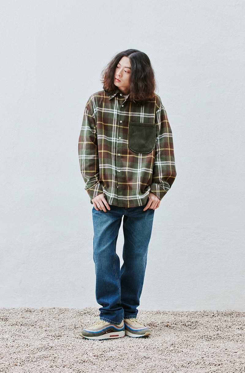 QUIETIST (クワイエティスト) Knit Pocket Check Shirts (khaki)