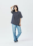 QUIETIST (クワイエティスト) Basic Stripe 1/2 T-shirts (navy)