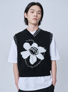 オーワイ(OY) PIXEL LOGO STITCH KNIT VEST-BLACK