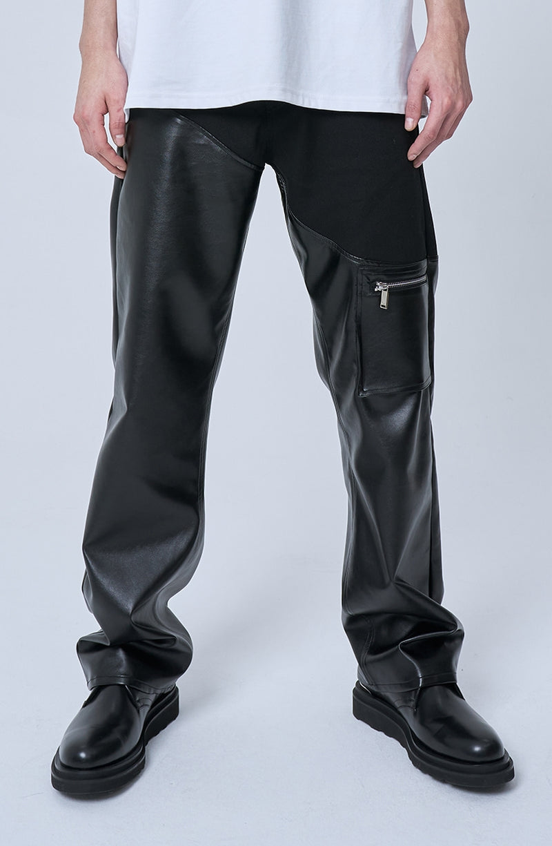 オーワイ(OY) LEATHER MIX PANTS-BLACK