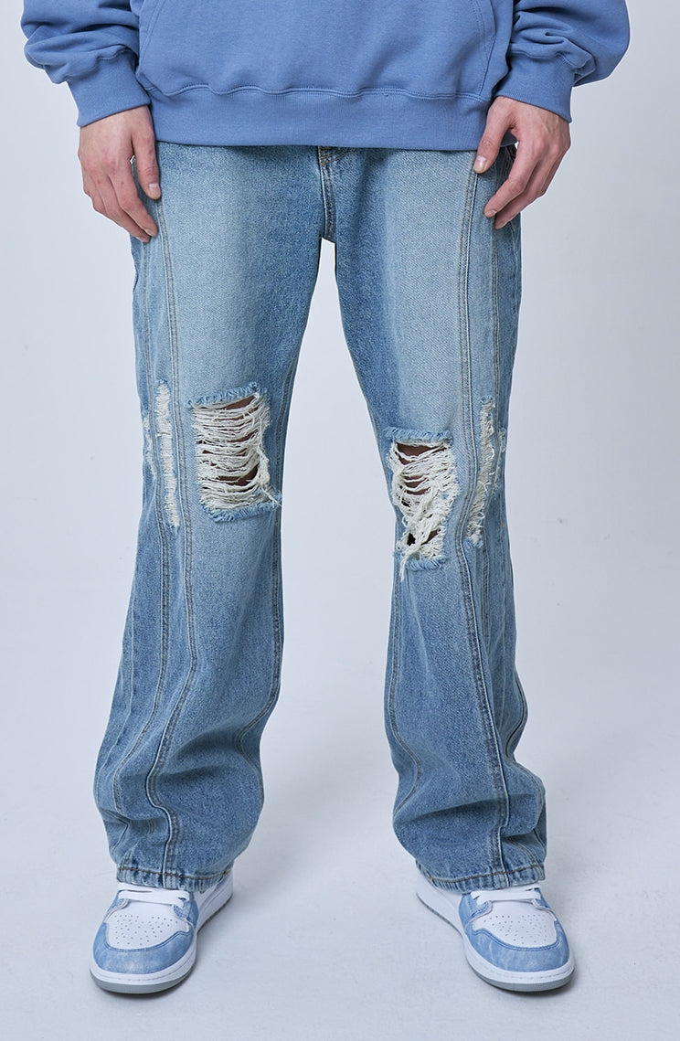 オーワイ(OY) DESTROYED CURVE LINE JEANS-BLUE