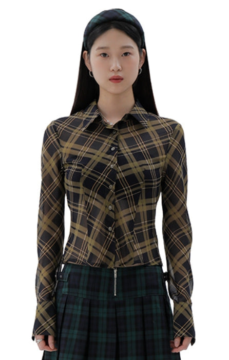 curetty (キュリティー) C SEE-THROUGH CHECKED BLOUSE_GREEN