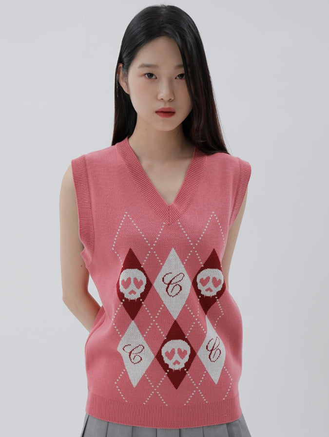 curetty (キュリティー) C SKULL ARGYLE KNIT VEST_PINK